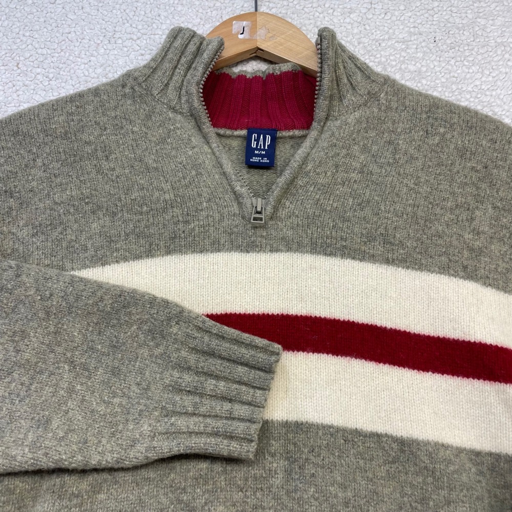 Gap Sweater Mens M Grey Striped 100% Lambswool Quarter Zip Mock Neck 17522100